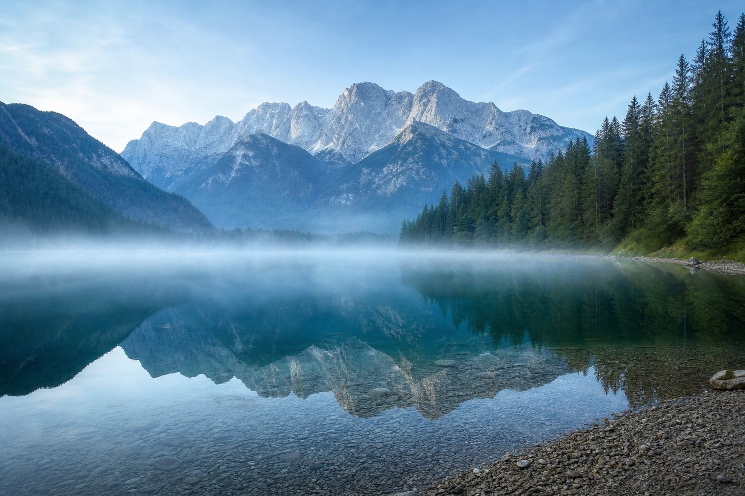 Klarer Alpensee mit Berghorizont in Bayern