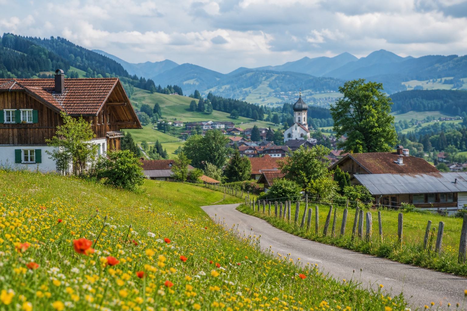 Bayerische Wiesenlandschaft mit Dorf und Hügeln