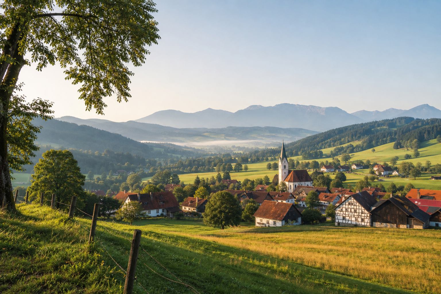 Ländliches Tal mit Dorf und Hügeln jenseits der Großstädte