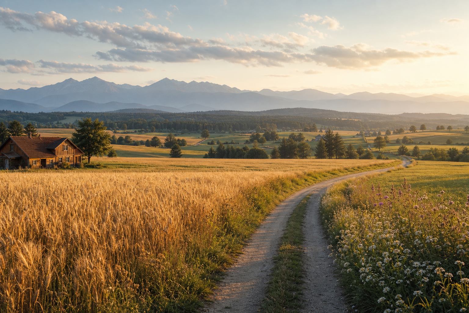 Goldene Felder und blaue Berge in einer ländlichen Region Deutschlands