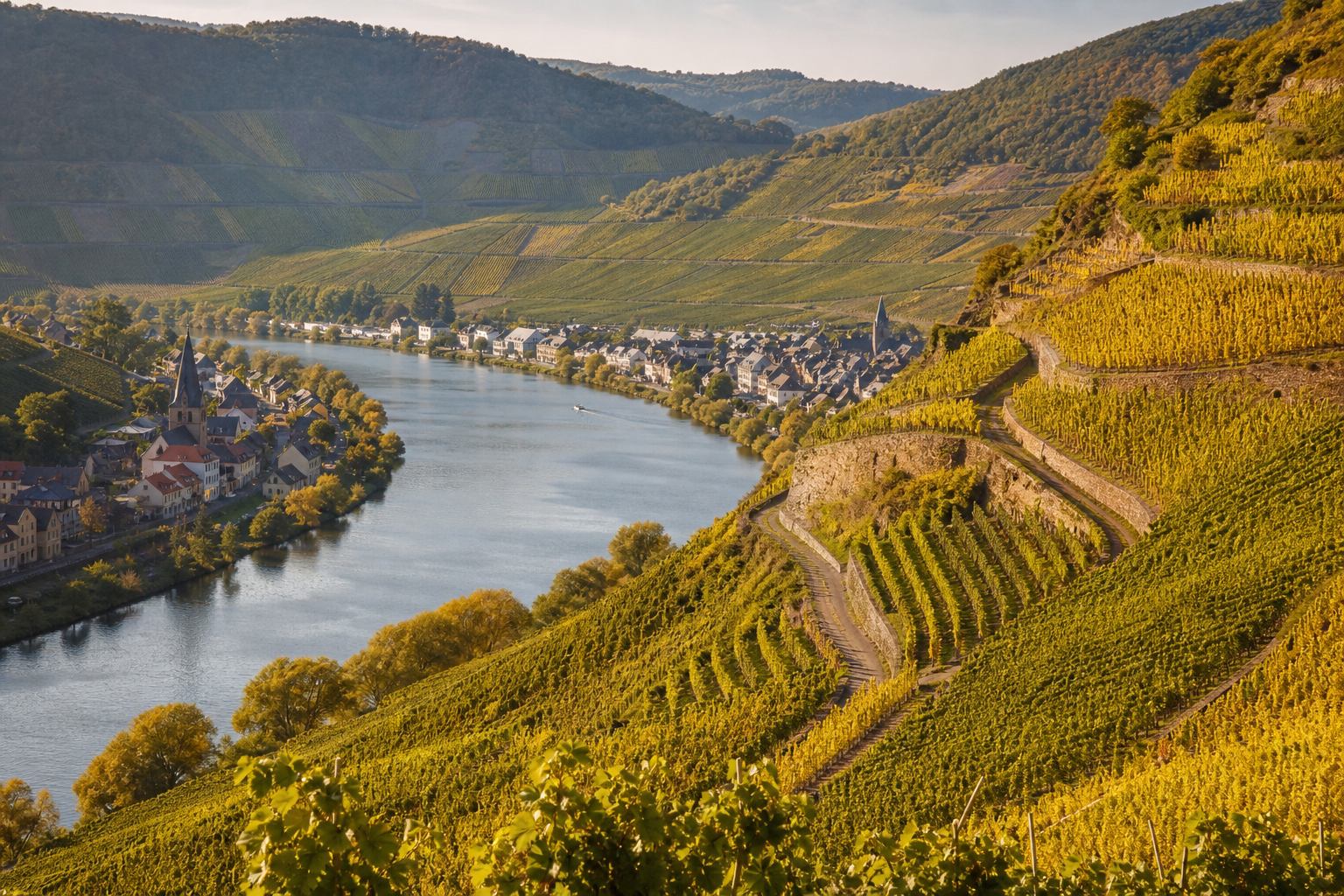 Steile Weinberge und Flusstal der Mosel