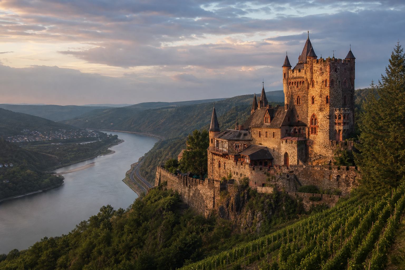 Burg über dem Rheintal mit Weinbergen